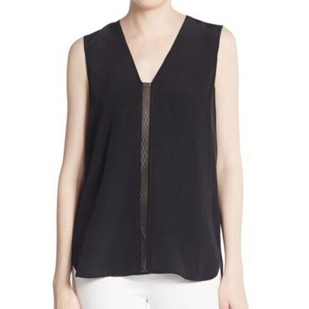 VINCE Silk Dye Cut Leather Strip Black Tank Sz XS